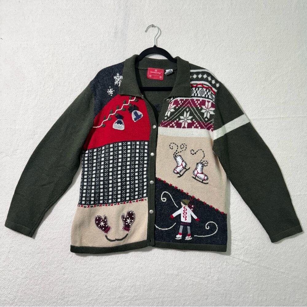 Northcrest Holiday Festive Winter Wonderland Ice Skating Cardigan Sweater Large